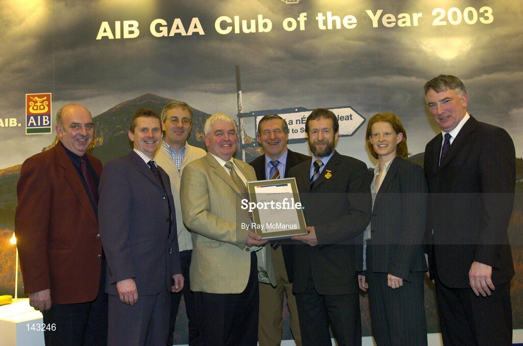 2 February 2004; At the AIB GAA Club of the Year Awards 2003 in Croke Park are members of Clonguish, Co. Longford, from left, Gerry Minnock, Fergus Darcy, Pat O'Brien, Thomas Casey, Liam Mulvihill, Ard Stiurthoir, GAA, Sean Kelly, President of the GAA, Mary Burke and Declan Quinn, AIB Bank. Croke Park, Dublin. Picture credit; Ray McManus / SPORTSFILE