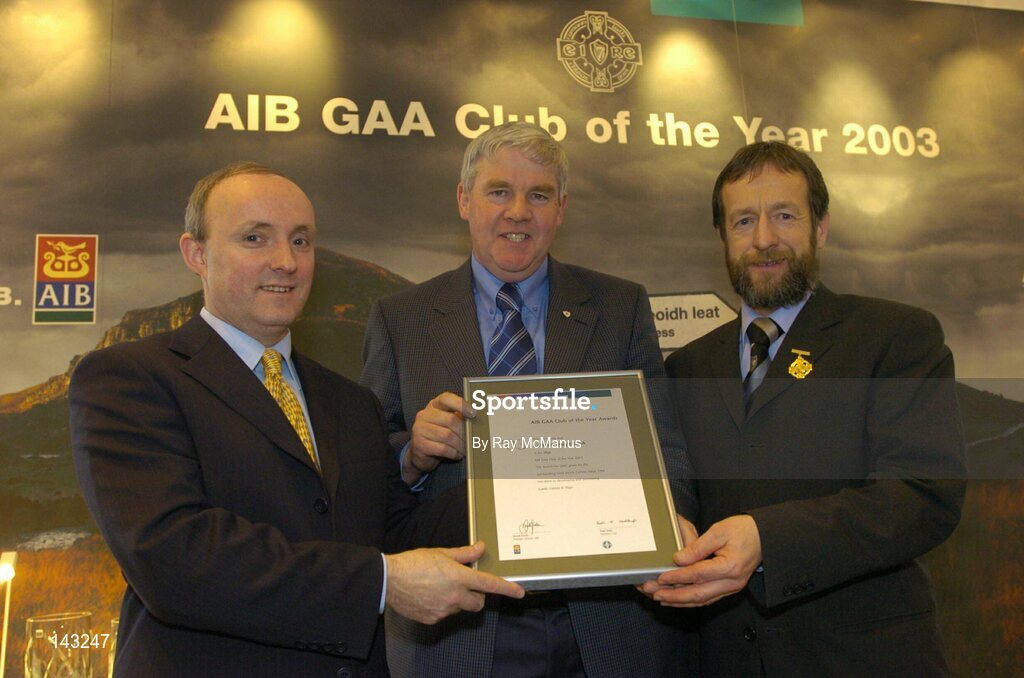 2 February 2004; At the AIB GAA Club of the Year Awards 2003 in Croke Park are, from left, Donal Forde, Managing Director, AIB, Padraic Duffy, Eastern Harps GAA, who won the Sligo Club of the Year Award and Sean Kelly, President of the GAA. Croke Park, Dublin. Picture credit; Ray McManus / SPORTSFILE