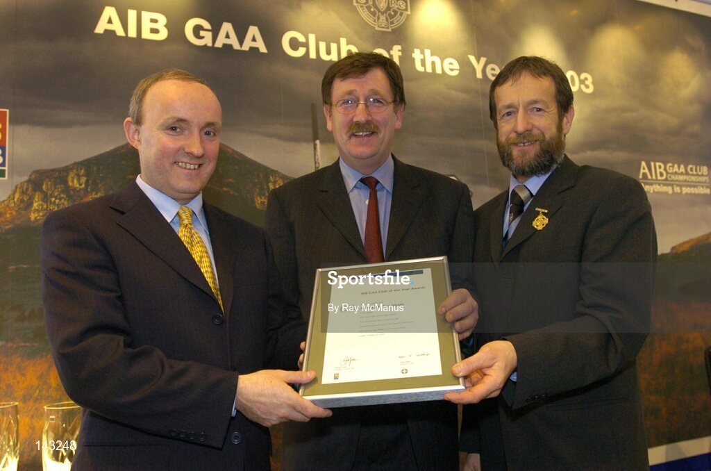 2 February 2004; At the AIB GAA Club of the Year Awards 2003 in Croke Park are, from left, Donal Forde, Managing Director, AIB, Tom Jones, Chairman, An Fraoch, who won the Laois Club of the Year Award and Sean Kelly, President of the GAA. Croke Park, Dublin. Picture credit; Ray McManus / SPORTSFILE