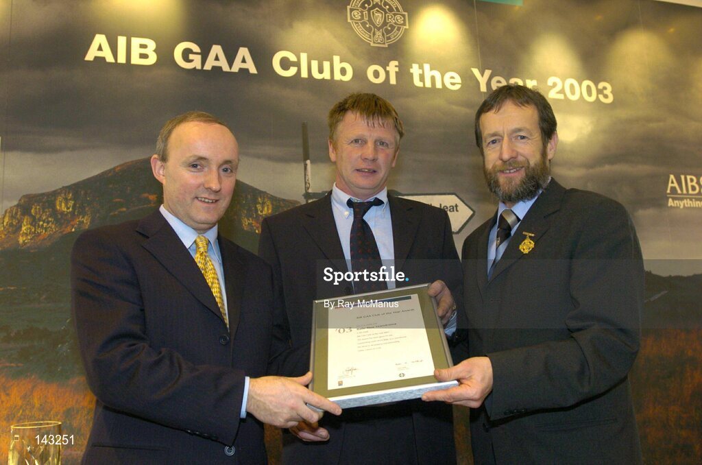 2 February 2004; At the AIB GAA Club of the Year Awards 2003 in Croke Park are, from left, Donal Forde, Managing Director, AIB, Christy Morrissey, Baile Nua Seandroma, who won the Cork Club of the Year Award and Sean Kelly, President of the GAA. Croke Park, Dublin. Picture credit; Ray McManus / SPORTSFILE