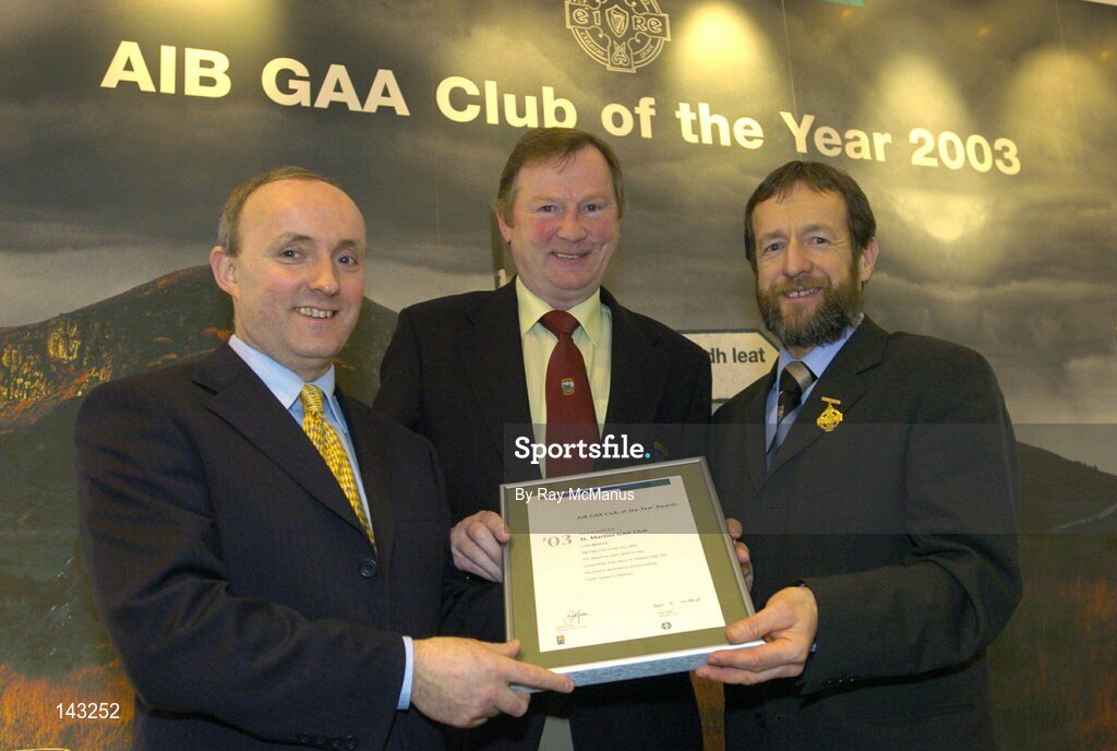 2 February 2004; At the AIB GAA Club of the Year Awards 2003 in Croke Park are, from left, Donal Forde, Managing Director, AIB, Martin Quigley, St. Martins G.A.A. Club, who won the Wexford Club of the Year Award and Sean Kelly, President of the GAA. Croke Park, Dublin. Picture credit; Ray McManus / SPORTSFILE