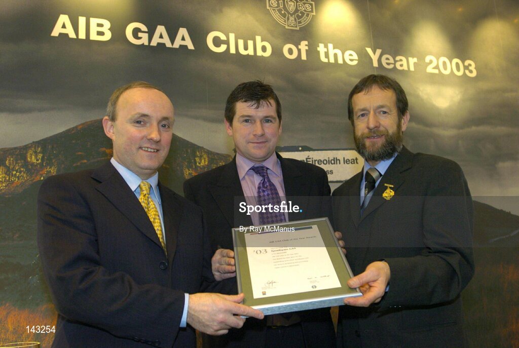 2 February 2004; At the AIB GAA Club of the Year Awards 2003 in Croke Park are, from left, Donal Forde, Managing Director, AIB, Des Scally, Chairman, Tyrrellspass GAA, who won the Westmeath Club of the Year Award and Sean Kelly, President of the GAA. Croke Park, Dublin. Picture credit; Ray McManus / SPORTSFILE