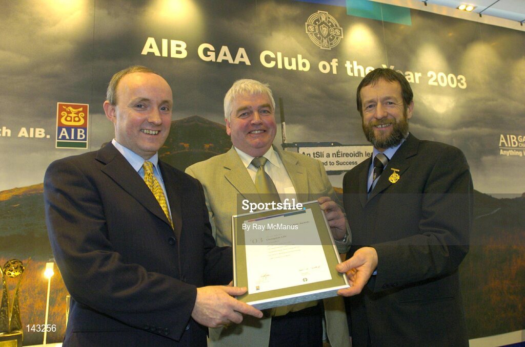 2 February 2004; At the AIB GAA Club of the Year Awards 2003 in Croke Park are, from left, Donal Forde, Managing Director, AIB, Thomas Casey, Chairperson, Clonguish GFC, who won the Longford Club of the Year Award and Sean Kelly, President of the GAA. Croke Park, Dublin. Picture credit; Ray McManus / SPORTSFILE