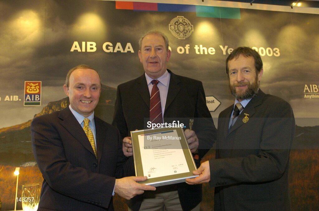 2 February 2004; At the AIB GAA Club of the Year Awards 2003 in Croke Park are, from left, Donal Forde, Managing Director, AIB, Cathal Prior, Crossmolina Deel Rovers, who won the Mayo Club of the Year Award and Sean Kelly, President of the GAA. Croke Park, Dublin. Picture credit; Ray McManus / SPORTSFILE
