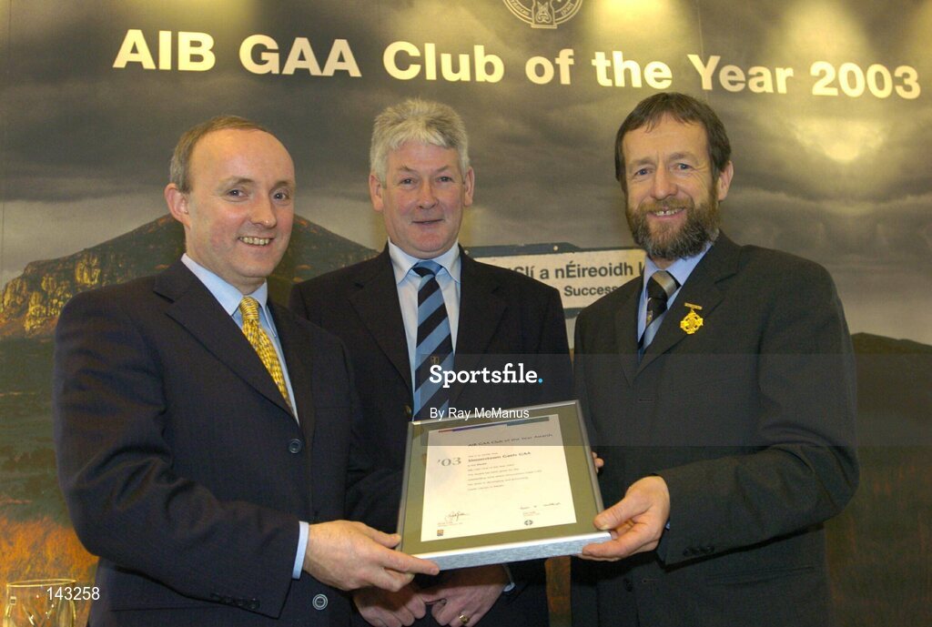 2 February 2004; At the AIB GAA Club of the Year Awards 2003 in Croke Park are, from left, Donal Forde, Managing Director, AIB, Jim Lane, Chairman, Simonstown Gaels, who won the Meath Club of the Year Award and Sean Kelly, President of the GAA. Croke Park, Dublin. Picture credit; Ray McManus / SPORTSFILE