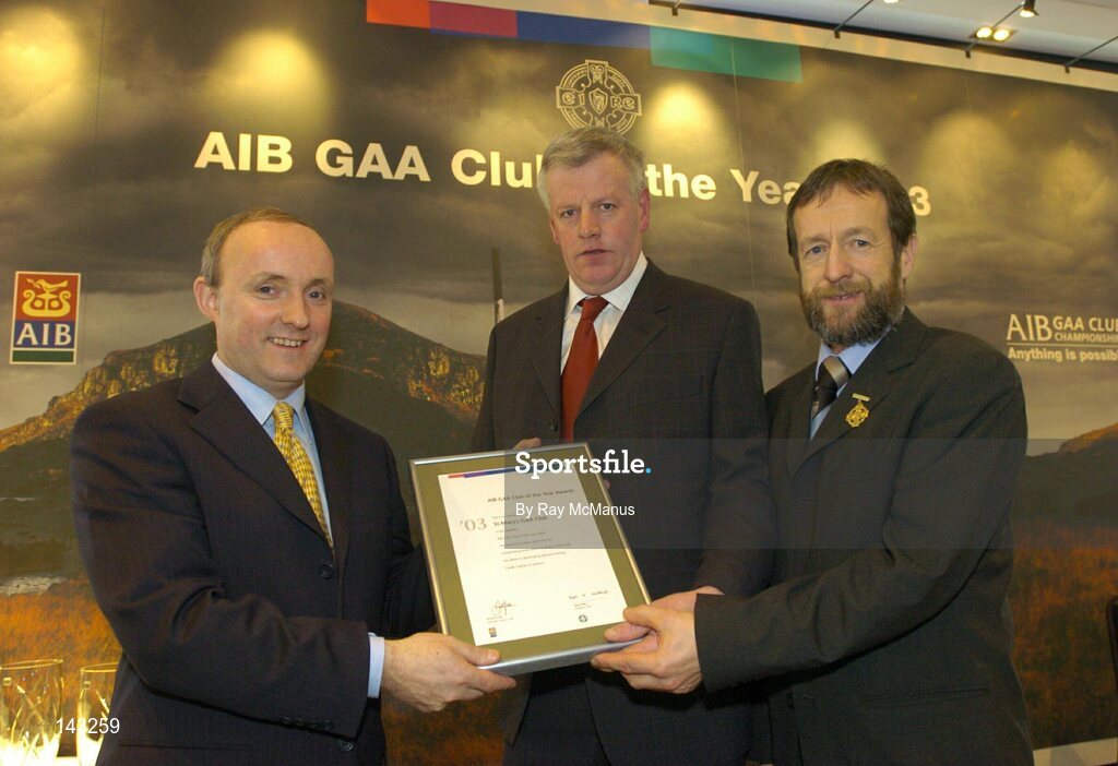 2 February 2004; At the AIB GAA Club of the Year Awards 2003 in Croke Park are, from left, Donal Forde, Managing Director, AIB, Pat Glancy, Chairman, St.Mary's GAA Club, who won the Leitrim Club of the Year Award and Sean Kelly, President of the GAA. Croke Park, Dublin. Picture credit; Ray McManus / SPORTSFILE