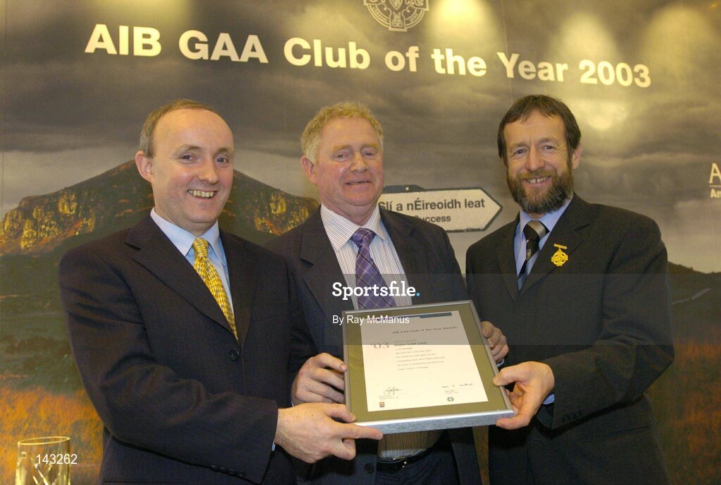 2 February 2004; At the AIB GAA Club of the Year Awards 2003 in Croke Park are, from left, Donal Forde, Managing Director, AIB, Patrick McLaughlin, Chairman, Malin GAA Club, who won the Donegal Club of the Year Award and Sean Kelly, President of the GAA. Croke Park, Dublin. Picture credit; Ray McManus / SPORTSFILE
