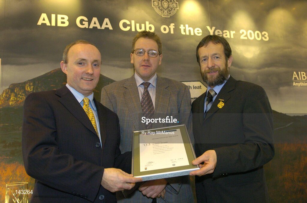 2 February 2004; At the AIB GAA Club of the Year Awards 2003 in Croke Park are, from left, Donal Forde, Managing Director, AIB, Nigel Lynn, 2003 Secretary, St.Mary's Ahoghill, who won the Antrim Club of the Year Award and Sean Kelly, President of the GAA. Croke Park, Dublin. Picture credit; Ray McManus / SPORTSFILE