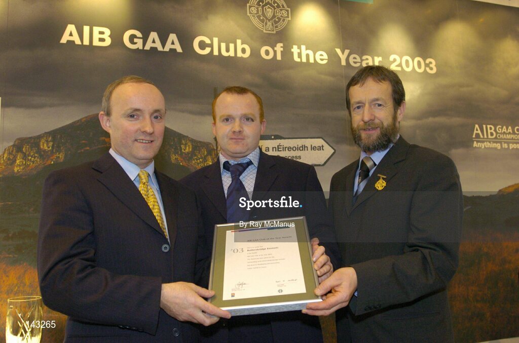 2 February 2004; At the AIB GAA Club of the Year Awards 2003 in Croke Park are, from left, Donal Forde, Managing Director, AIB, Gerry McPhillips, Butlersbridge Emmets, who won the Cavan Club of the Year Award and Sean Kelly, President of the GAA. Croke Park, Dublin. Picture credit; Ray McManus / SPORTSFILE