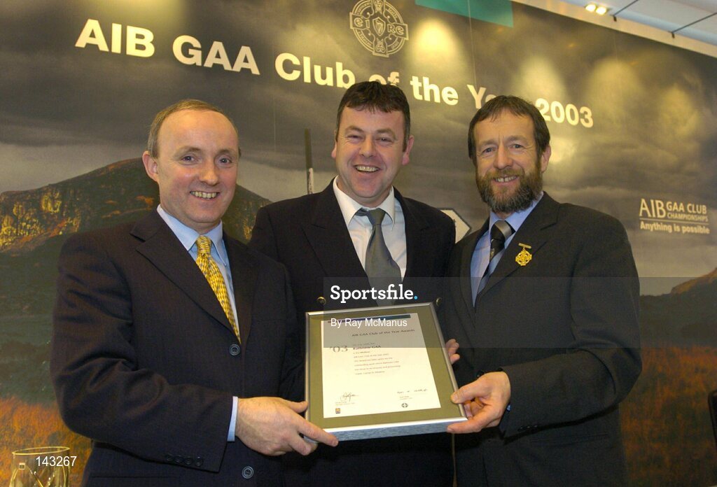 2 February 2004; At the AIB GAA Club of the Year Awards 2003 in Croke Park are, from left, Donal Forde, Managing Director, AIB, Patrick Doyle, Development Officer, Rathnew G.A.A., who won the Wicklow Club of the Year Award and Sean Kelly, President of the GAA. Croke Park, Dublin. Picture credit; Ray McManus / SPORTSFILE