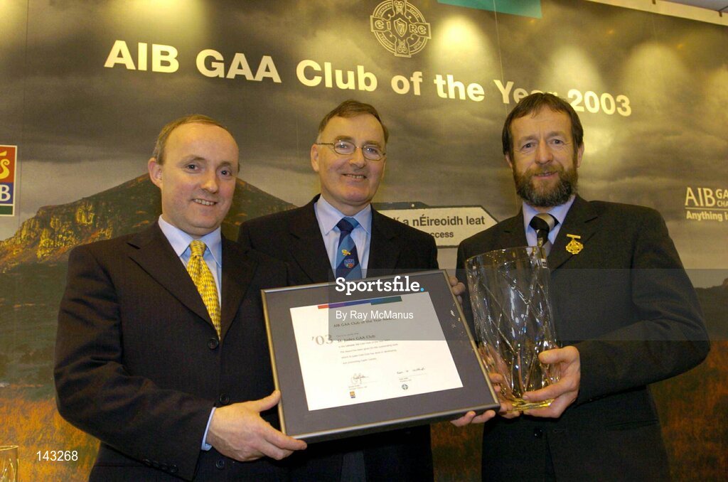 2 February 2004; At the AIB GAA Club of the Year Awards 2003 in Croke Park are, from left, Donal Forde, Managing Director, AIB, John Brady, Chairman, St. Jude's GAA Club, who won the Leinster Provincial Club of the Year Award and Sean Kelly, President of the GAA. Croke Park, Dublin. Picture credit; Ray McManus / SPORTSFILE