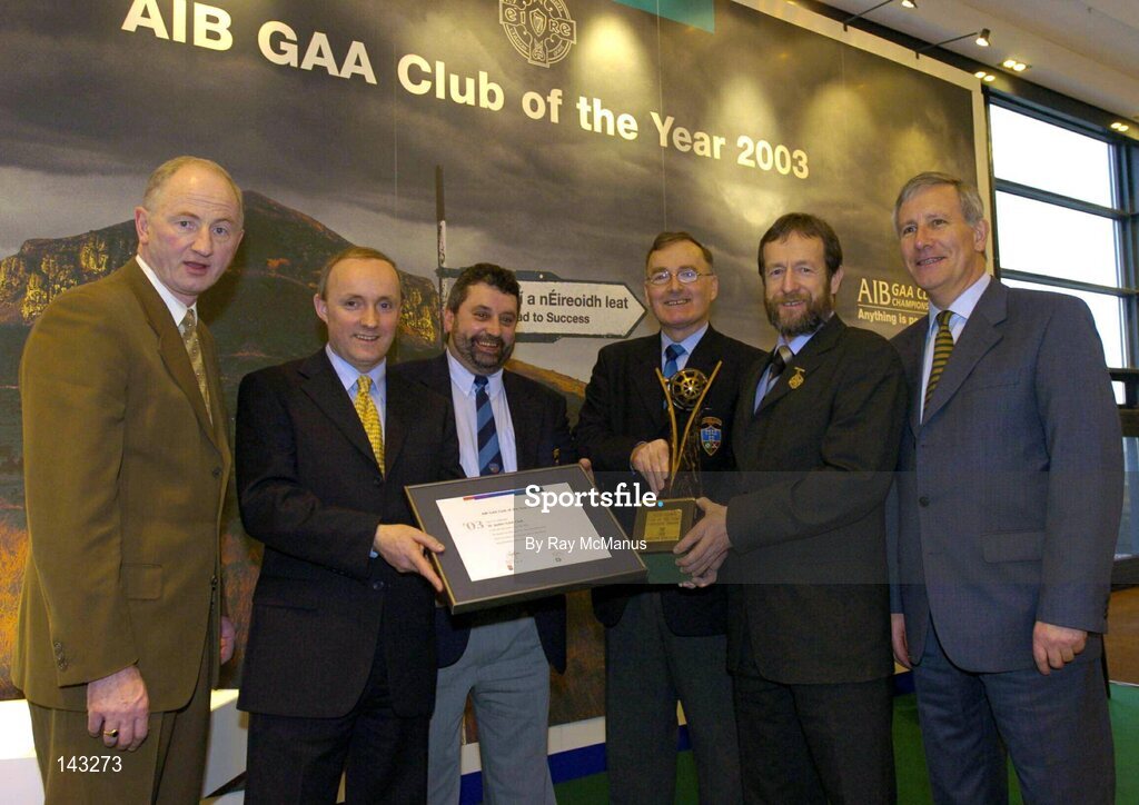 2 February 2004; At the AIB GAA Club of the Year Awards 2003 in Croke Park are, from left, Nick Finnerty, St Jude's GAA Club, Donal Forde, Managing Director, AIB, Charles Moran, St Jude's GAA Club, John Brady, Chairman, St. Jude's GAA Club, AIB Club of the Year for 2003, Sean Kelly, President of the GAA and Colum Grogan, St Jude's GAA Club. Croke Park, Dublin. Picture credit; Ray McManus / SPORTSFILE