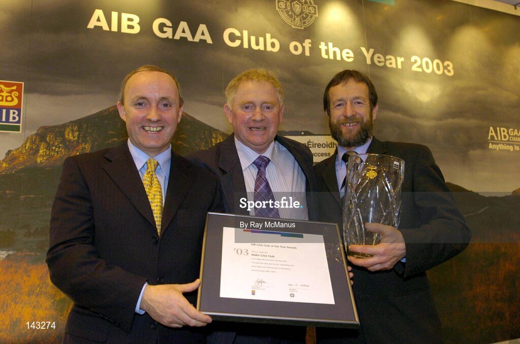 2 February 2004; At the AIB GAA Club of the Year Awards 2003 in Croke Park are, from left, Donal Forde, Managing Director, AIB, Patrick McLaughlin, Chairman, Malin GAA Club, who won the Ulster Provincial Club of the Year Award and Sean Kelly, President of the GAA. Croke Park, Dublin. Picture credit; Ray McManus / SPORTSFILE