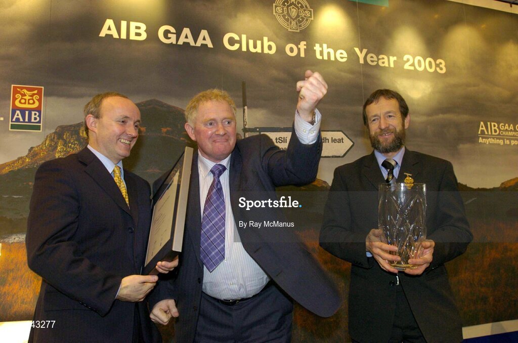 2 February 2004; At the AIB GAA Club of the Year Awards 2003 in Croke Park are, from left, Donal Forde, Managing Director, AIB, Patrick McLaughlin, Chairman, Malin GAA Club, who won the Ulster Provincial Club of the Year Award and Sean Kelly, President of the GAA. Croke Park, Dublin. Picture credit; Ray McManus / SPORTSFILE