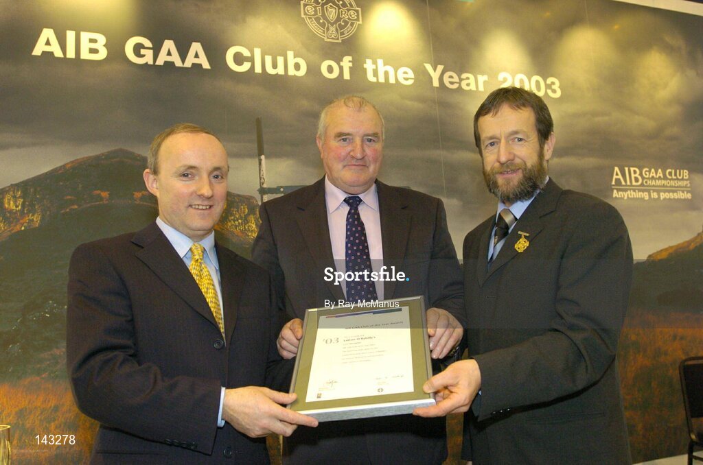 2 February 2004; At the AIB GAA Club of the Year Awards 2003 in Croke Park are, from left, Donal Forde, Managing Director, AIB, Brian Dempsey, Latton O'Rahilly's, who won the Monaghan Club of the Year Award and Sean Kelly, President of the GAA. Croke Park, Dublin. Picture credit; Ray McManus / SPORTSFILE