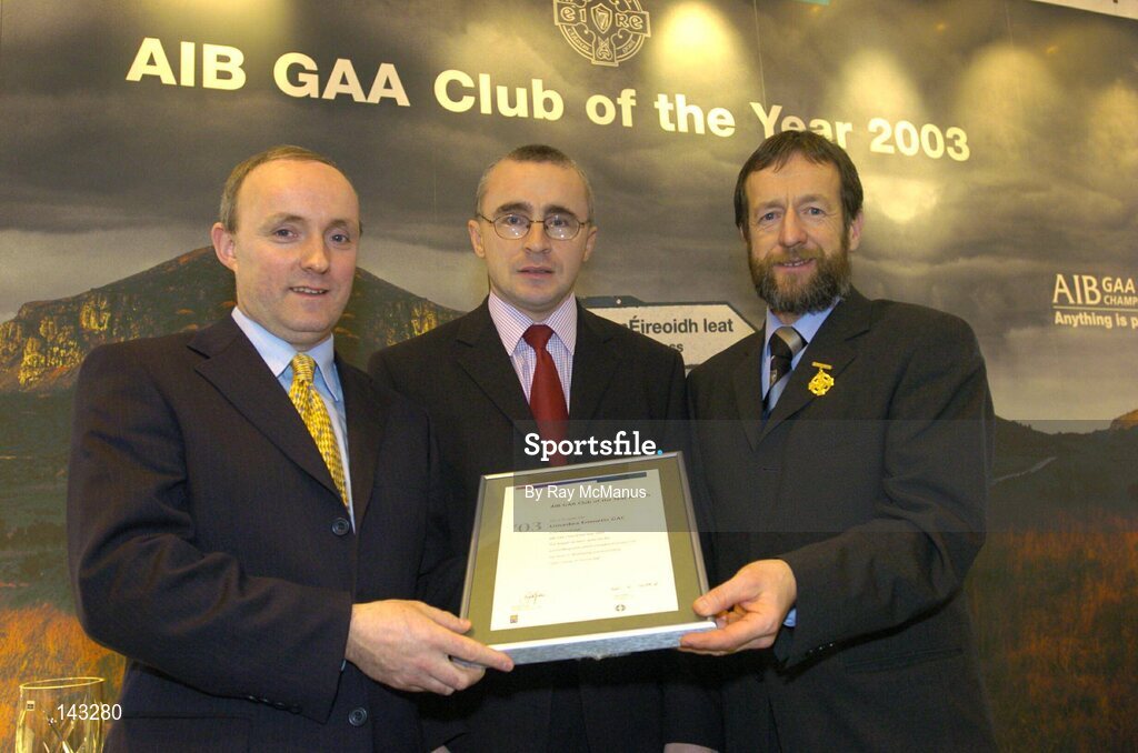 2 February 2004; At the AIB GAA Club of the Year Awards 2003 in Croke Park are, from left, Donal Forde, Managing Director, AIB, Martin Higins, Chairman, Lisnaskea Emmetts GAC, who won the Fermanagh Club of the Year Award and Sean Kelly, President of the GAA. Croke Park, Dublin. Picture credit; Ray McManus / SPORTSFILE