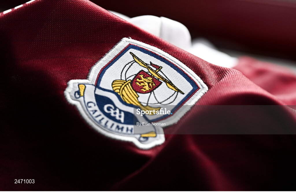 28 March 2023; A detailed view the Galway crest before a Galway hurling squad portrait session at Galway GAA Training Centre, Loughgeorge in Galway. Photo by Eóin Noonan/Sportsfile