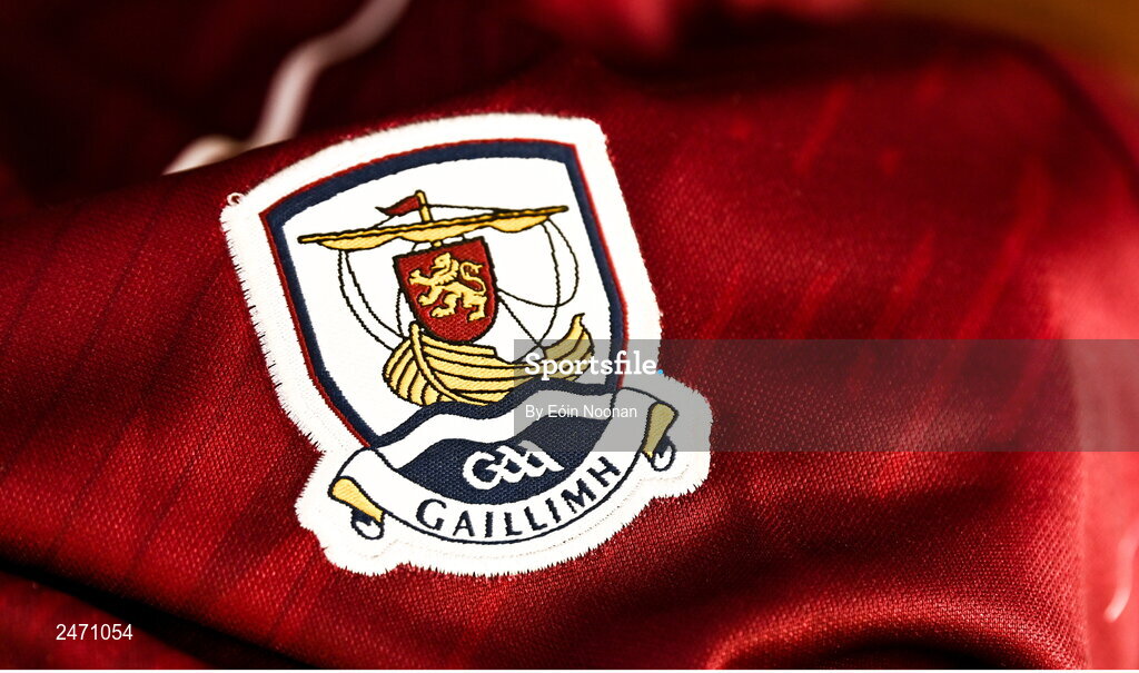 28 March 2023; A detailed view the Galway crest before a Galway hurling squad portrait session at Galway GAA Training Centre, Loughgeorge in Galway. Photo by Eóin Noonan/Sportsfile
