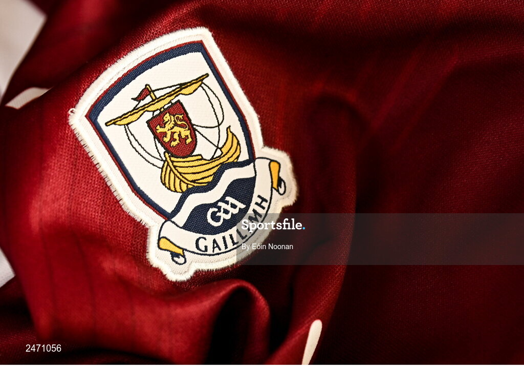 28 March 2023; A detailed view the Galway crest before a Galway hurling squad portrait session at Galway GAA Training Centre, Loughgeorge in Galway. Photo by Eóin Noonan/Sportsfile