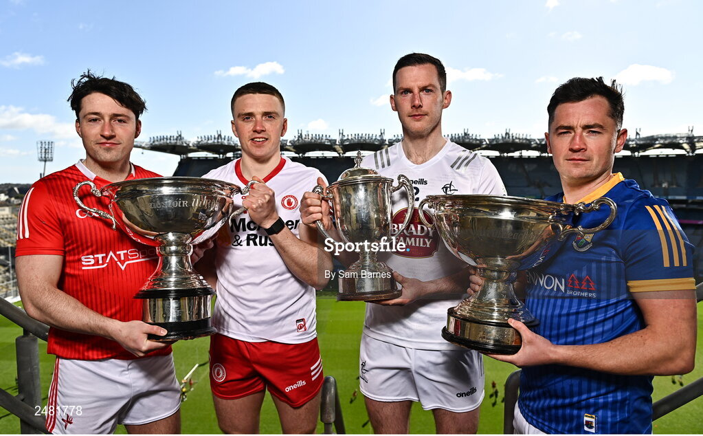 13 April 2023; In attendance at the launch of the Joe McDonagh, Christy Ring, Nickey Rackard & Lory Meagher Cup Competitions are, from left, Feidhelm Joyce of Louth, Lorcan Delvin of Tyrone, Niall Muineacha´in of Kildare, and John Casey of Longford at Croke Park in Dublin.  Photo by Sam Barnes/Sportsfile