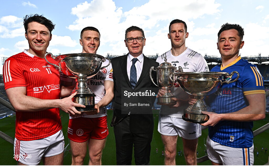 13 April 2023; In attendance at the launch of the Joe McDonagh, Christy Ring, Nickey Rackard & Lory Meagher Cup Competitions are, from left, Feidhelm Joyce of Louth, Lorcan Delvin of Tyrone, Ard Stiúrthóir of the GAA Tom Ryan, Niall Muineacha´in of Kildare, John Casey of Longford at Croke Park in Dublin.  Photo by Sam Barnes/Sportsfile