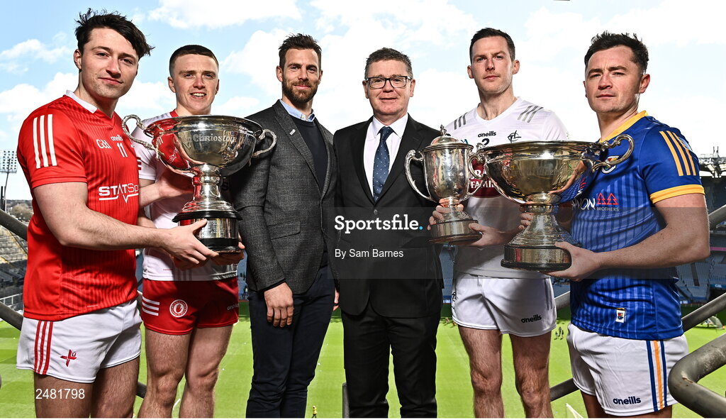 13 April 2023; In attendance at the launch of the Joe McDonagh, Christy Ring, Nickey Rackard & Lory Meagher Cup Competitions are, from left, Feidhelm Joyce of Louth, Lorcan Delvin of Tyrone, GPA National Executive Committee Member Neil McManus, Ard Stiúrthóir of the GAA Tom Ryan, Niall Muineacha´in of Kildare, John Casey of Longford at Croke Park in Dublin.  Photo by Sam Barnes/Sportsfile