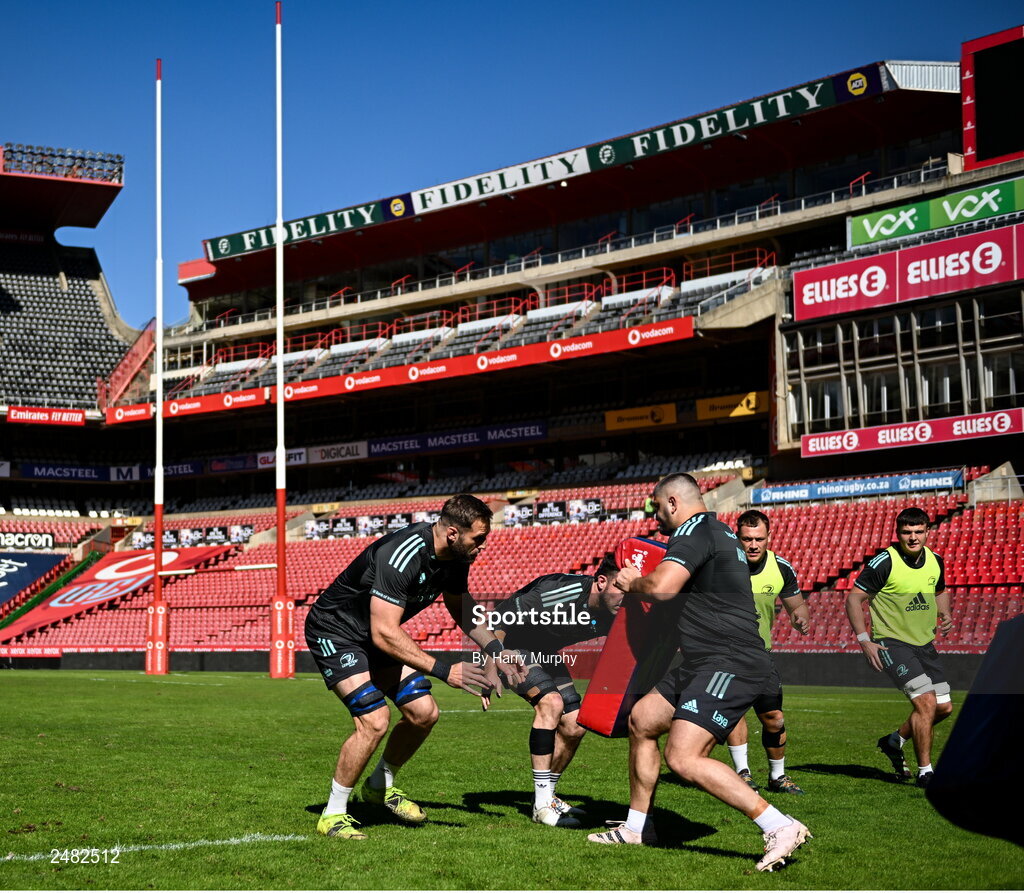 14 April 2023; Jason Jenkins and Vakhtang Abdaladze during the Leinster Rugby captain's run at Emirates Airlines Park in Johannesburg, South Africa. Photo by Harry Murphy/Sportsfile