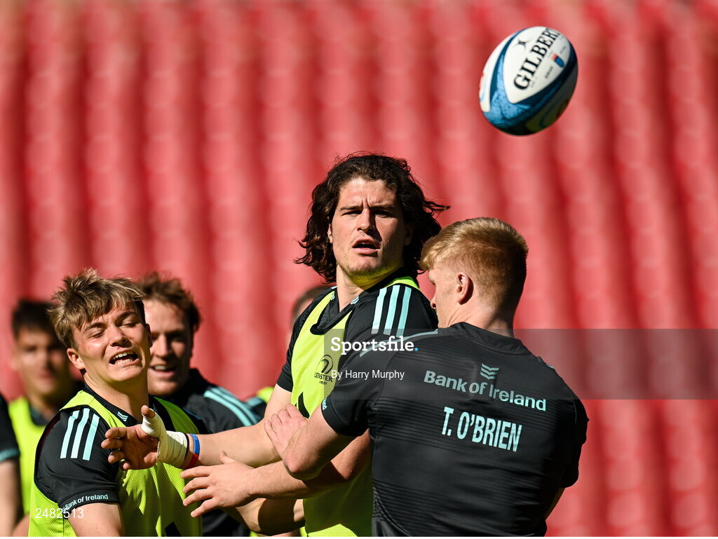 14 April 2023; Alex Soroka, centre, and Tommy O'Brien during the Leinster Rugby captain's run at Emirates Airlines Park in Johannesburg, South Africa. Photo by Harry Murphy/Sportsfile