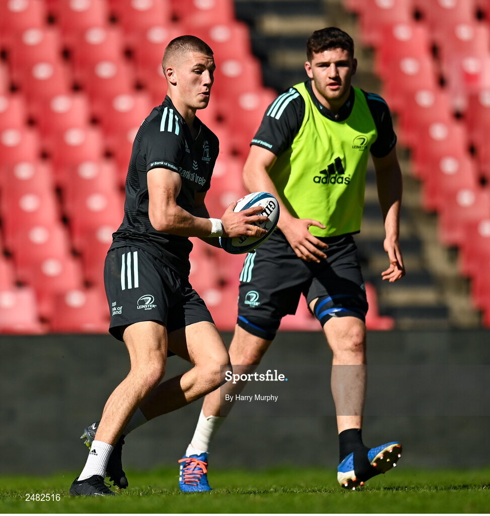 14 April 2023; Sam Prendergast, left, and James Culhane during the Leinster Rugby captain's run at Emirates Airlines Park in Johannesburg, South Africa. Photo by Harry Murphy/Sportsfile