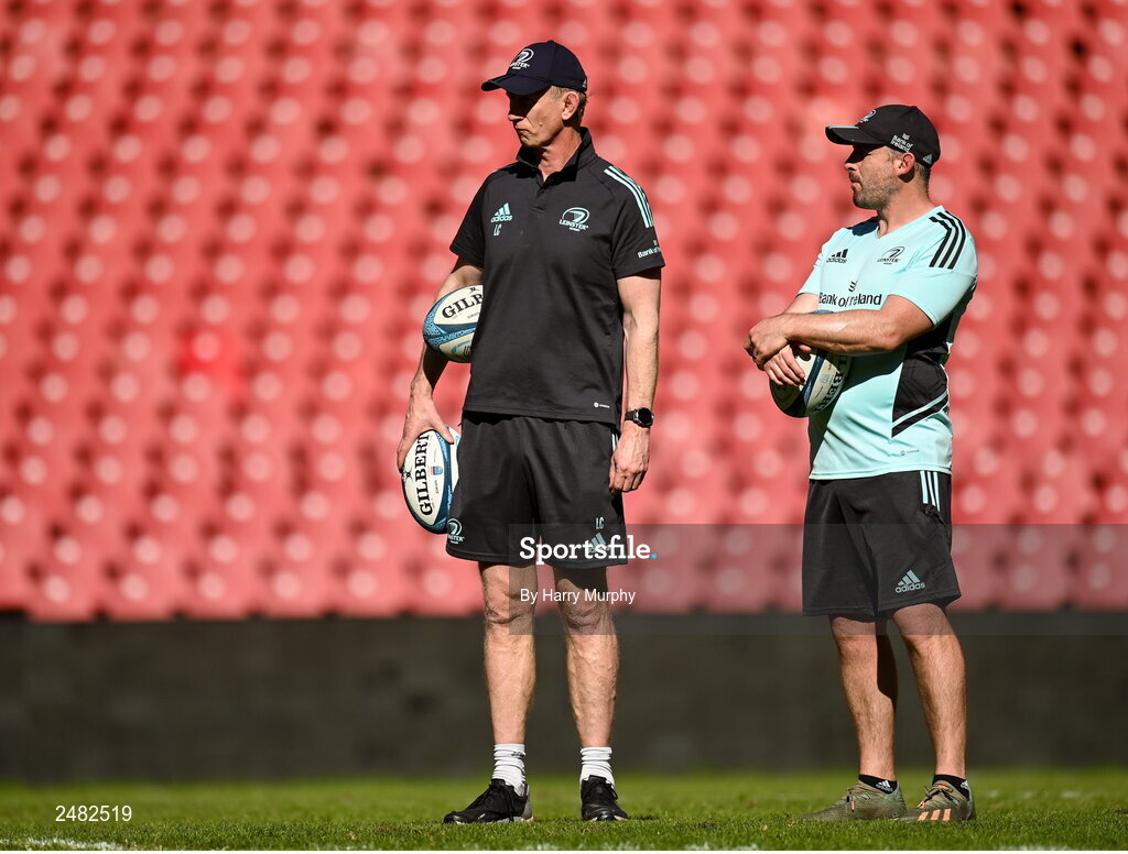 14 April 2023; Head coach Leo Cullen and Elite player development officer Aaron Dundon during the Leinster Rugby captain's run at Emirates Airlines Park in Johannesburg, South Africa. Photo by Harry Murphy/Sportsfile