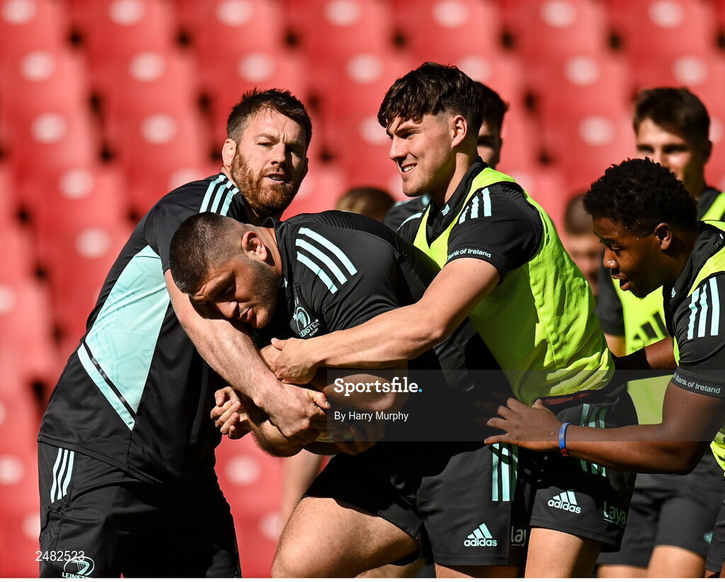 14 April 2023; Vakhtang Abdaladze, centre, with Contact skills coach Sean O'Brien and Max O'Reilly during the Leinster Rugby captain's run at Emirates Airlines Park in Johannesburg, South Africa. Photo by Harry Murphy/Sportsfile