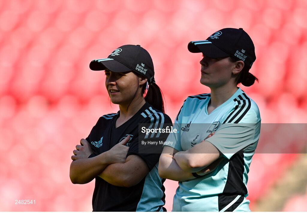 14 April 2023; Academy rehabilitation physiotherapist Aoife Healy and Assistant performance analyst Juliett Fortune during the Leinster Rugby captain's run at Emirates Airlines Park in Johannesburg, South Africa. Photo by Harry Murphy/Sportsfile