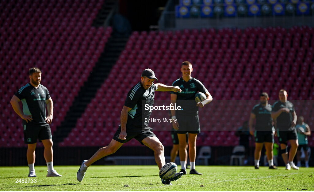 14 April 2023; Backs coach Andrew Goodman kicks during the Leinster Rugby captain's run at Emirates Airlines Park in Johannesburg, South Africa. Photo by Harry Murphy/Sportsfile