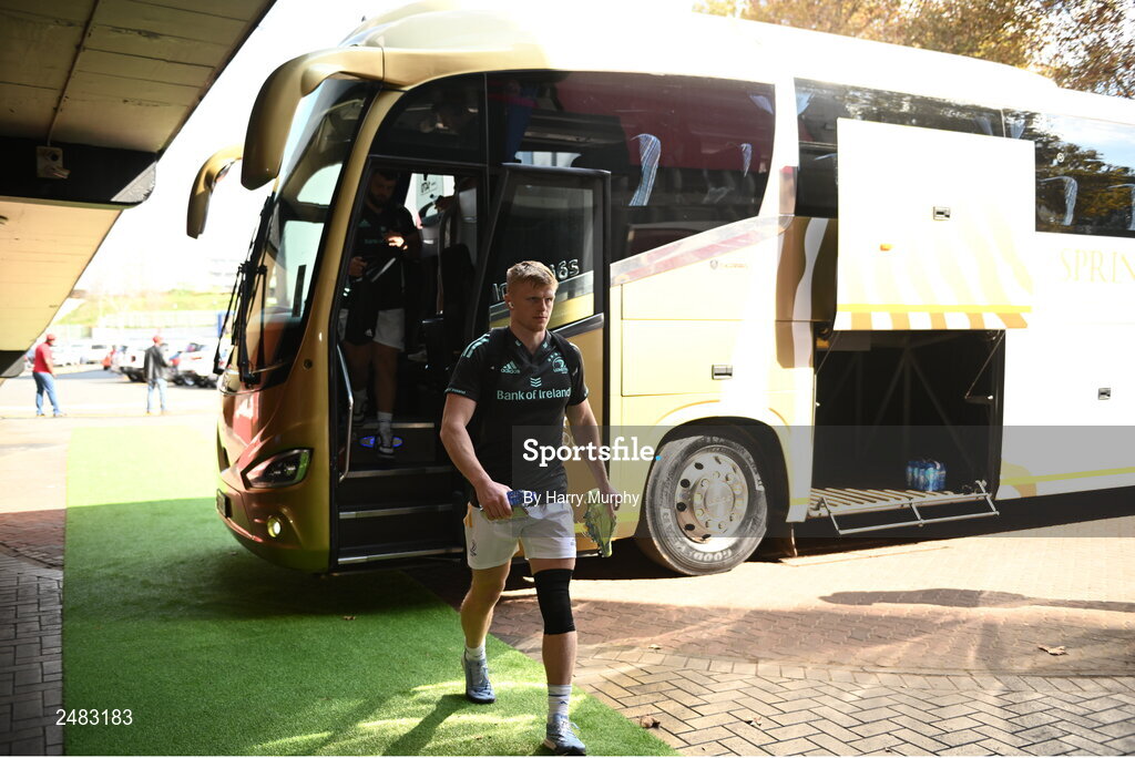 15 April 2023; Tommy O'Brien of Leinster arrives before the United Rugby Championship match between Emirates Lions and Leinster at Emirates Airlines Park in Johannesburg, South Africa. Photo by Harry Murphy/Sportsfile