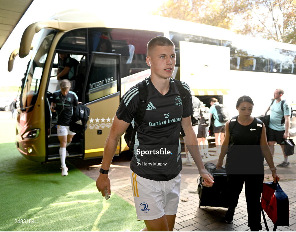 15 April 2023; Sam Prendergast of Leinster arrives before the United Rugby Championship match between Emirates Lions and Leinster at Emirates Airlines Park in Johannesburg, South Africa. Photo by Harry Murphy/Sportsfile