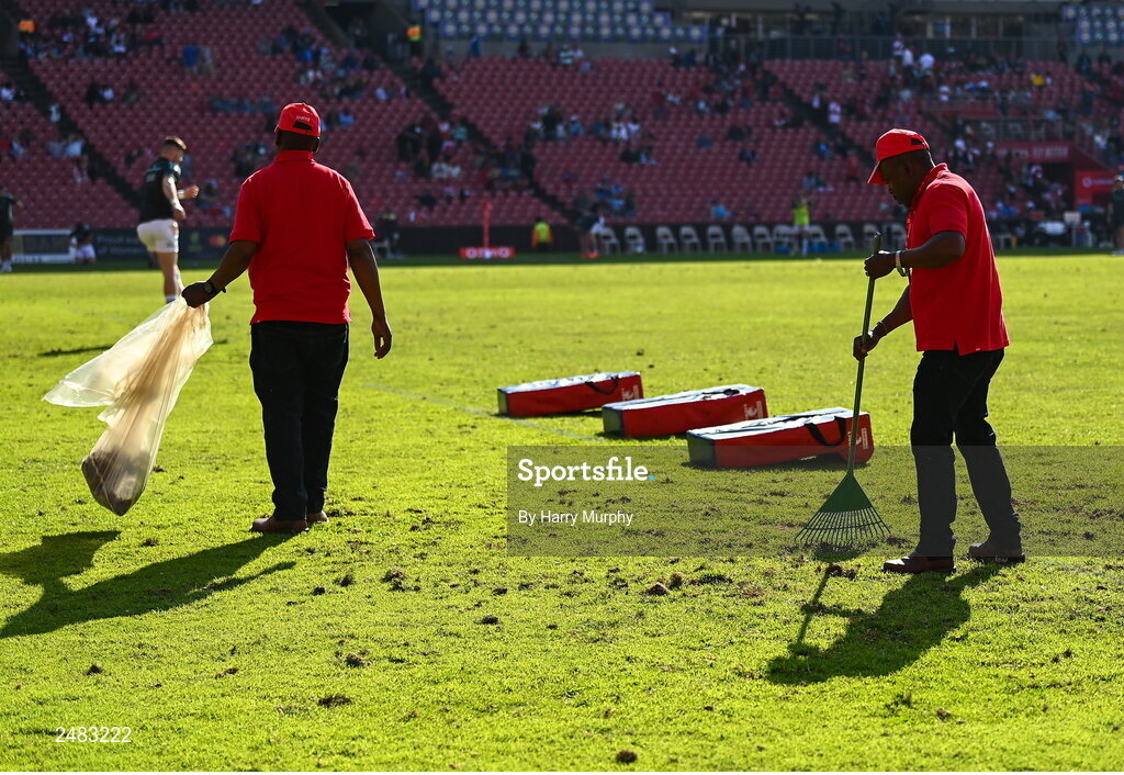 15 April 2023; Members of the ground staff tend to the pitch before the United Rugby Championship match between Emirates Lions and Leinster at Emirates Airlines Park in Johannesburg, South Africa. Photo by Harry Murphy/Sportsfile