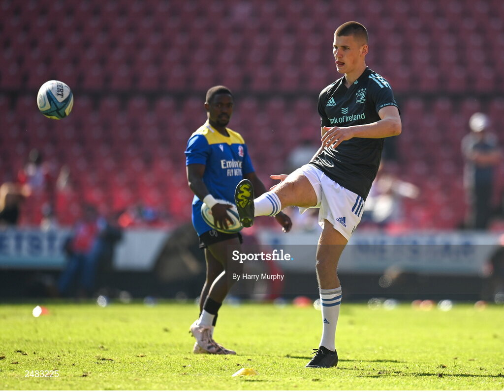 15 April 2023; Sam Prendergast of Leinster warms up before the United Rugby Championship match between Emirates Lions and Leinster at Emirates Airlines Park in Johannesburg, South Africa. Photo by Harry Murphy/Sportsfile
