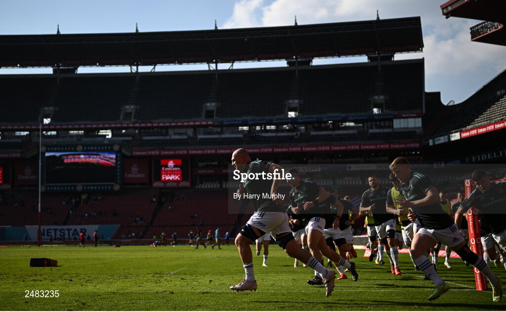 15 April 2023; Leinster captain Rhys Ruddock leads his team around the pitch before the United Rugby Championship match between Emirates Lions and Leinster at Emirates Airlines Park in Johannesburg, South Africa. Photo by Harry Murphy/Sportsfile