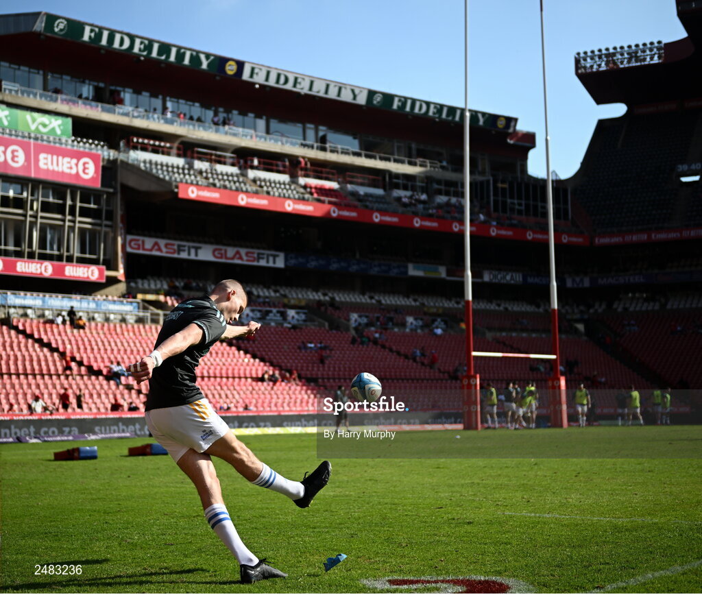 15 April 2023; Sam Prendergast of Leinster warms up before the United Rugby Championship match between Emirates Lions and Leinster at Emirates Airlines Park in Johannesburg, South Africa. Photo by Harry Murphy/Sportsfile