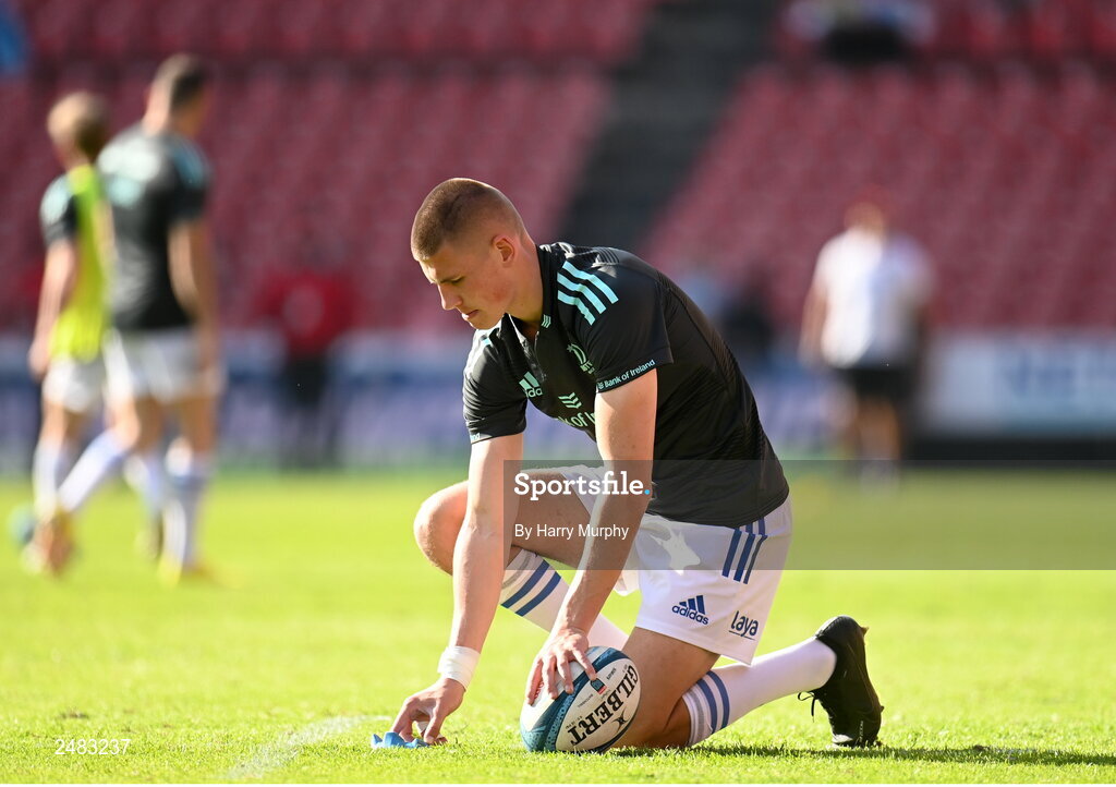 15 April 2023; Sam Prendergast of Leinster warms up before the United Rugby Championship match between Emirates Lions and Leinster at Emirates Airlines Park in Johannesburg, South Africa. Photo by Harry Murphy/Sportsfile