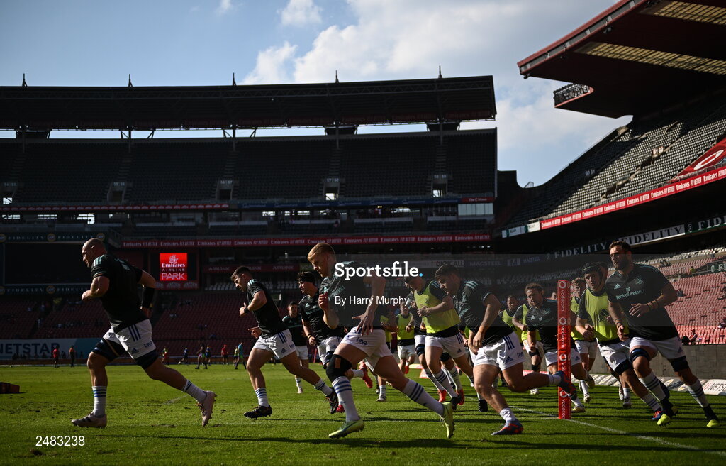 15 April 2023; Leinster players warm up before the United Rugby Championship match between Emirates Lions and Leinster at Emirates Airlines Park in Johannesburg, South Africa. Photo by Harry Murphy/Sportsfile
