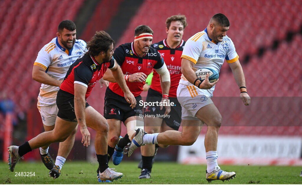 15 April 2023; Vakhtang Abdaladze of Leinster makes a break on his way to scoring his side's first try during the United Rugby Championship match between Emirates Lions and Leinster at Emirates Airlines Park in Johannesburg, South Africa. Photo by Harry Murphy/Sportsfile
