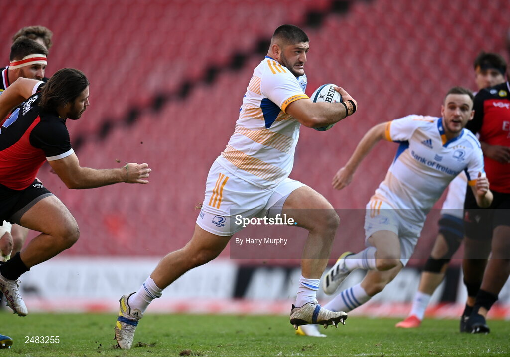 15 April 2023; Vakhtang Abdaladze of Leinster makes a break on his way to scoring his side's first try during the United Rugby Championship match between Emirates Lions and Leinster at Emirates Airlines Park in Johannesburg, South Africa. Photo by Harry Murphy/Sportsfile