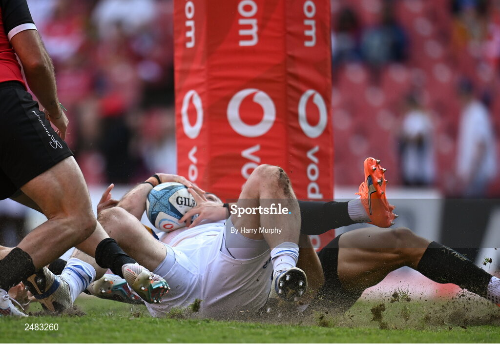 15 April 2023; Vakhtang Abdaladze of Leinster dives over to score his side's first try during the United Rugby Championship match between Emirates Lions and Leinster at Emirates Airlines Park in Johannesburg, South Africa. Photo by Harry Murphy/Sportsfile