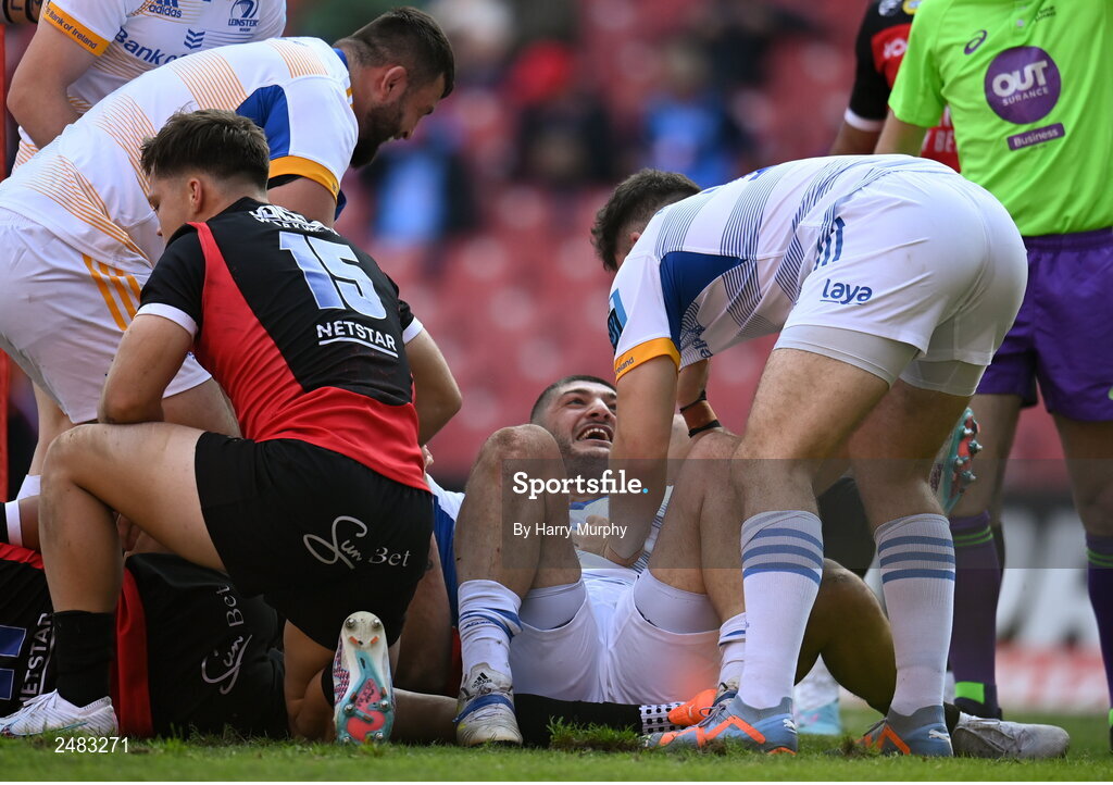 15 April 2023; Vakhtang Abdaladze of Leinster celebrates with teammates Michael Milne and Ben Brownlee after scoring his side's first try  during the United Rugby Championship match between Emirates Lions and Leinster at Emirates Airlines Park in Johannesburg, South Africa. Photo by Harry Murphy/Sportsfile