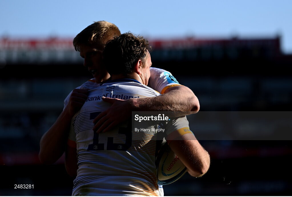 15 April 2023; Liam Turner of Leinster celebrates with teammate Tommy O'Brien after scoring his side's second try during the United Rugby Championship match between Emirates Lions and Leinster at Emirates Airlines Park in Johannesburg, South Africa. Photo by Harry Murphy/Sportsfile