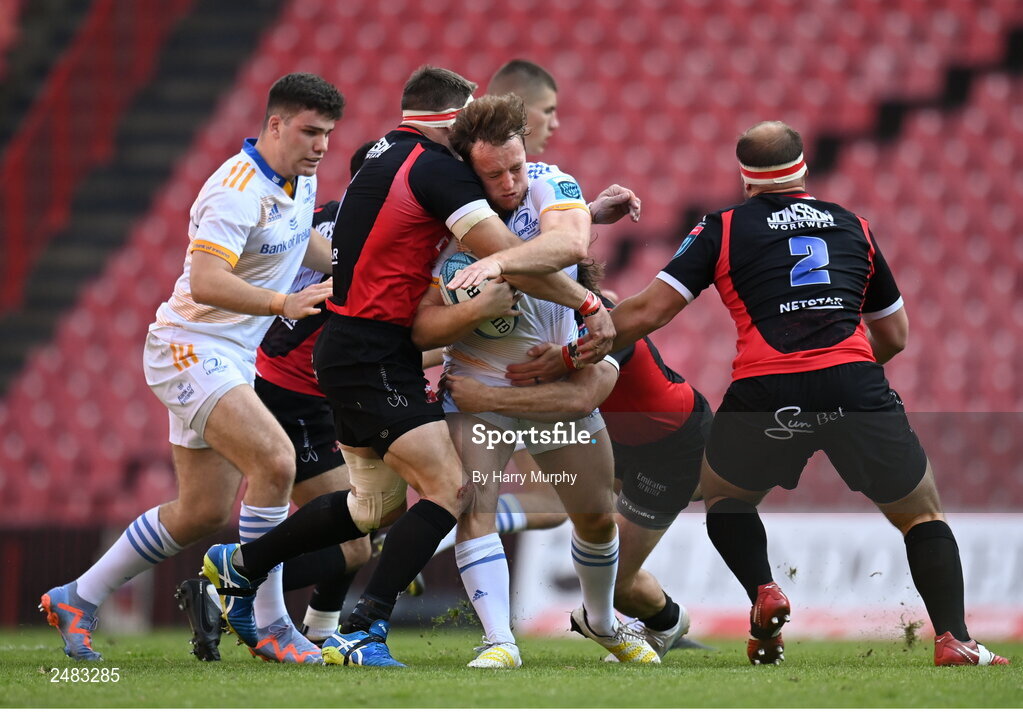 15 April 2023; Liam Turner of Leinster is tackled by Jaco Kriel of Emirates Lions during the United Rugby Championship match between Emirates Lions and Leinster at Emirates Airlines Park in Johannesburg, South Africa. Photo by Harry Murphy/Sportsfile