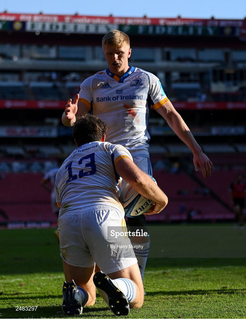 15 April 2023; Liam Turner of Leinster celebrates with teammate Tommy O'Brien after scoring his side's second try during the United Rugby Championship match between Emirates Lions and Leinster at Emirates Airlines Park in Johannesburg, South Africa. Photo by Harry Murphy/Sportsfile