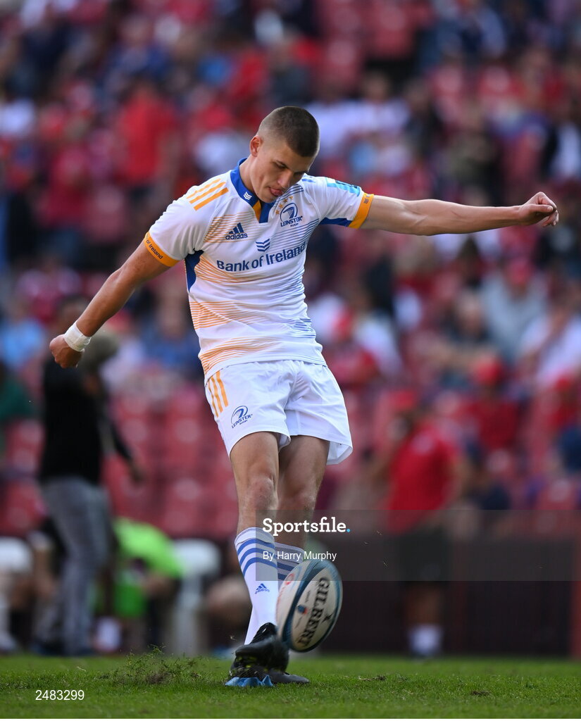 15 April 2023; Sam Prendergast of Leinster kicks a conversion during the United Rugby Championship match between Emirates Lions and Leinster at Emirates Airlines Park in Johannesburg, South Africa. Photo by Harry Murphy/Sportsfile