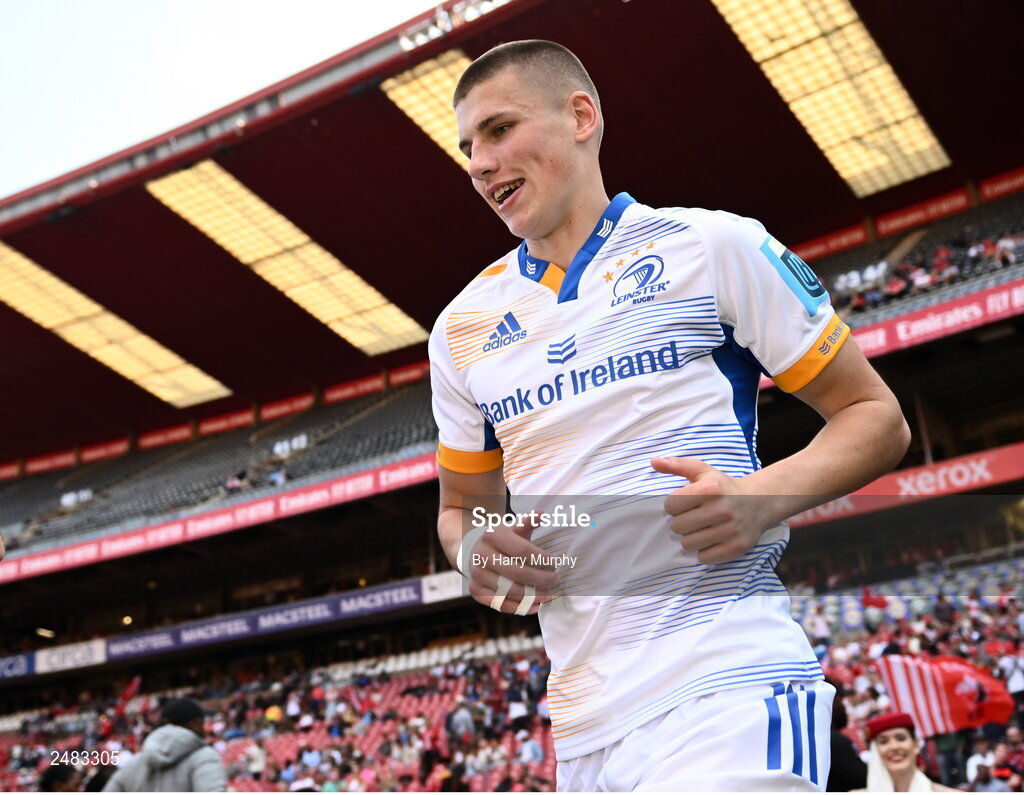15 April 2023; Sam Prendergast of Leinster runs out to make his debut in the United Rugby Championship match between Emirates Lions and Leinster at Emirates Airlines Park in Johannesburg, South Africa. Photo by Harry Murphy/Sportsfile